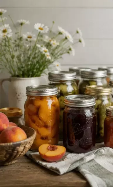 Home canned peaches and berry jams in glass mason jars on a wooden counter with white flowers