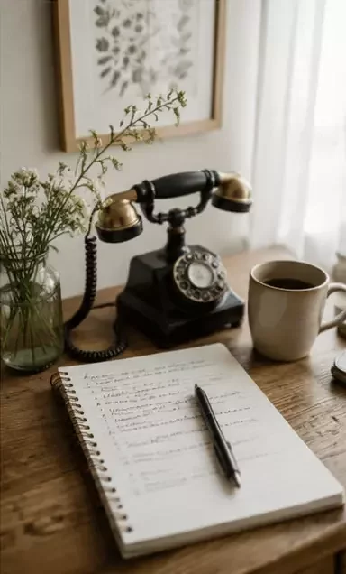 A vintage black rotary telephone on a wooden desk next to an open notebook, pen, and hot cup of coffee