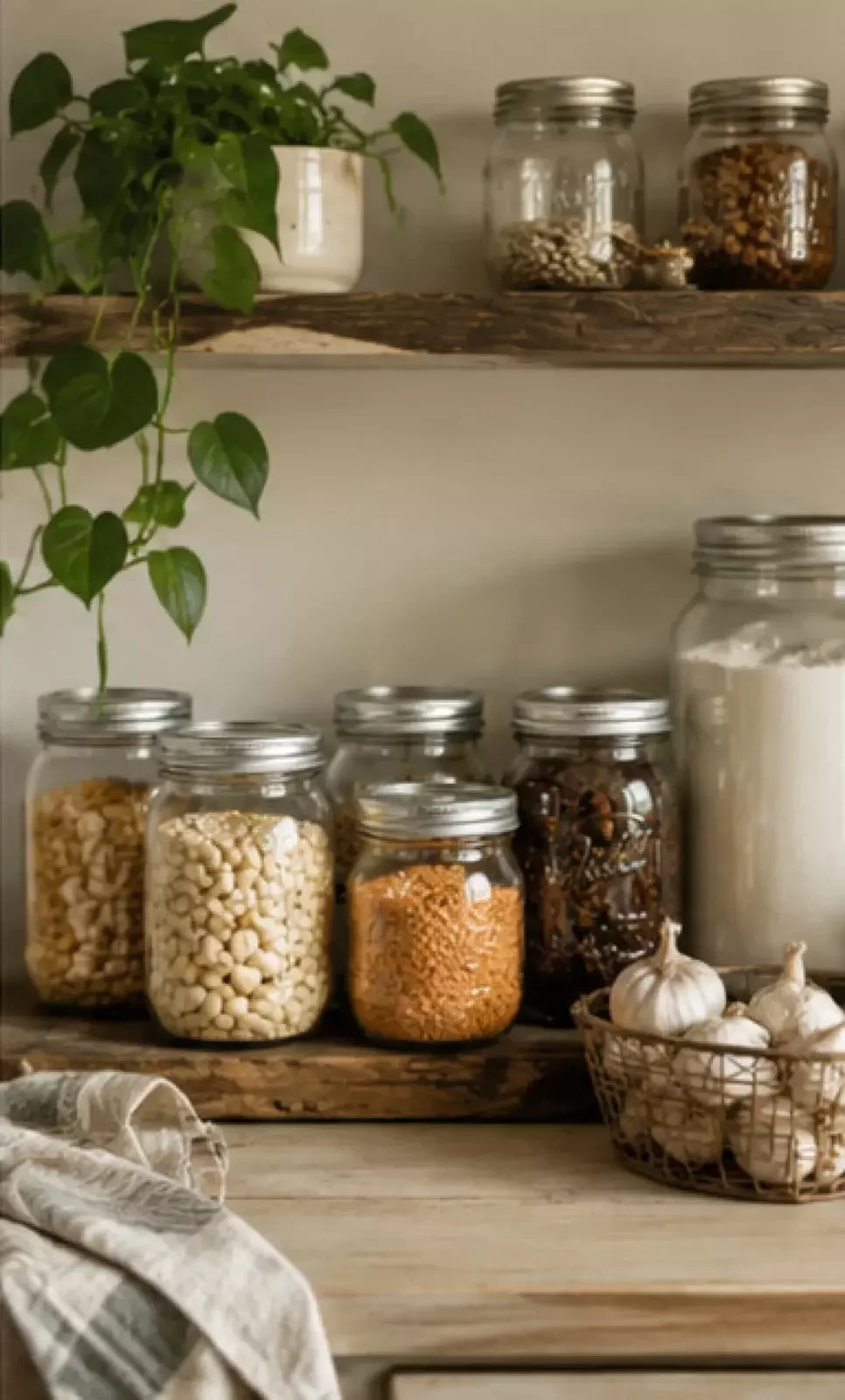 Glass storage jars filled with dried beans, lentils, and garlic on rustic wooden pantry shelves
