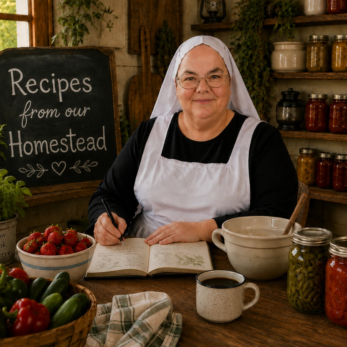 An Amish woman smiling in a rustic farmhouse kitchen, wearing a traditional white kapp head covering and white apron, surrounded by glass mason jars filled with colorful canned fruits and vegetables on wooden shelves.