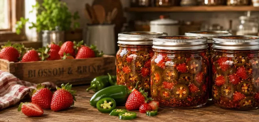 Thick slices of fresh jalapeño peppers pickled in a thick, vibrant strawberry syrup, stored in a clear glass mason jar on a rustic wooden table in a natural light kitchen.