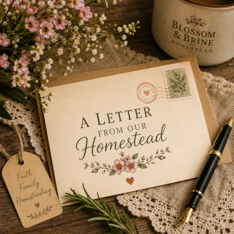 A rustic flat lay featuring a brown kraft paper envelope with an elegant card reading 'A Letter From Our Homestead' surrounded by dried baby's breath flowers, a vintage ink pen, and a ceramic Blossom & Brine mug.