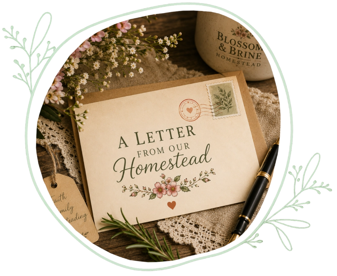 A rustic flat lay featuring a brown kraft paper envelope with an elegant card reading 'A Letter From Our Homestead' surrounded by dried baby's breath flowers, a vintage ink pen, and a ceramic Blossom & Brine mug.