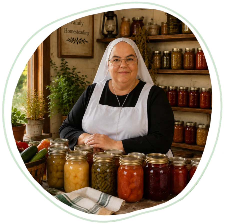 An Amish woman smiling in a rustic farmhouse kitchen, wearing a traditional white kapp head covering and white apron, surrounded by glass mason jars filled with colorful canned fruits and vegetables on wooden shelves.