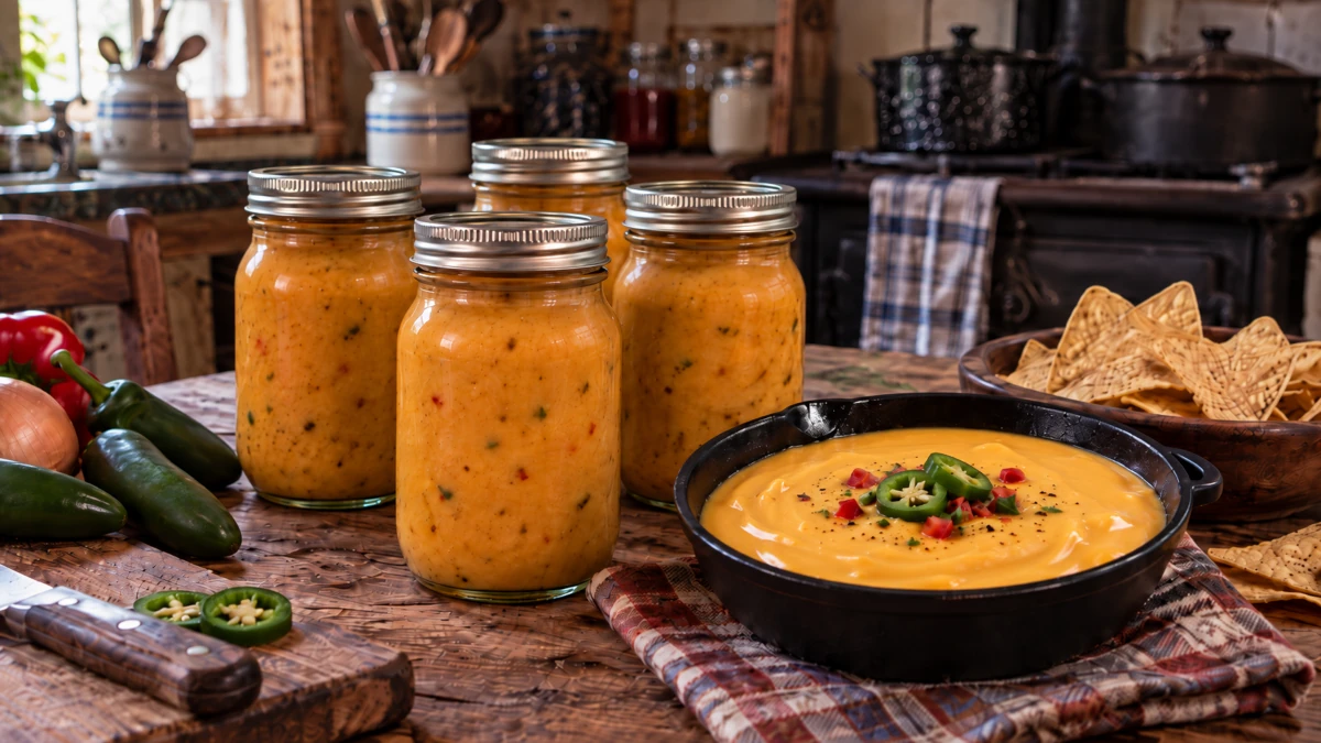 Creamy homemade nacho cheese sauce topped with jalapeños and peppers, served in a black bowl with tortilla chips on a rustic table.