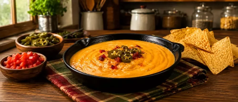Homemade nacho cheese sauce served warm in a cast-iron skillet with tortilla chips and pickled jalapeños. Authentic from-scratch queso dip recipe by Blossom & Brine.