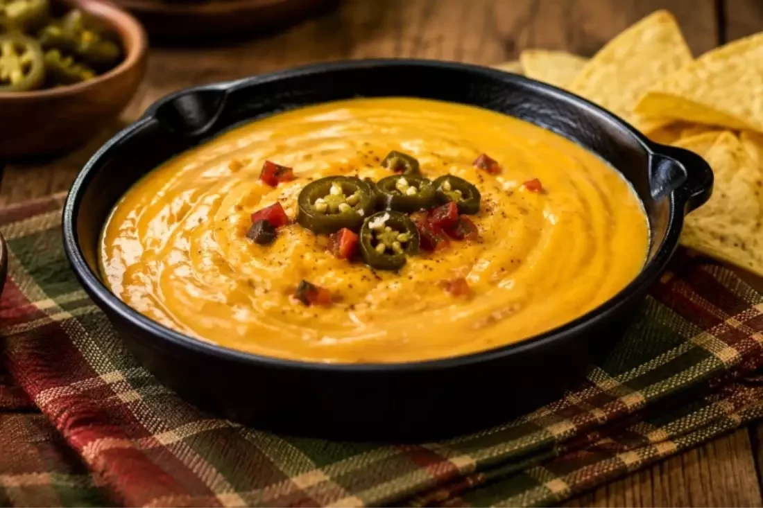 Creamy homemade nacho cheese sauce topped with jalapeños and peppers, served in a black bowl with tortilla chips on a rustic table.