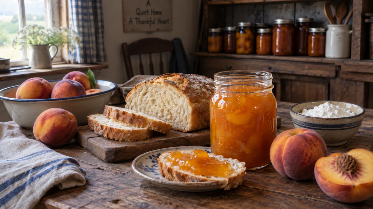 Jar of Amish corn flour peach jam beside a bag of Amish corn flour on a rustic wooden table in a traditional country kitchen.