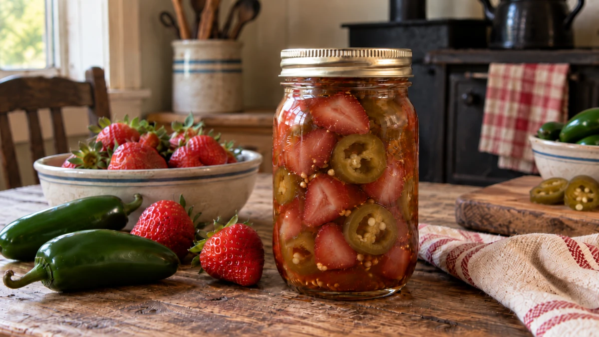A jar of homemade Strawberry Cowboy Candy sitting on a worn wooden table in an authentic kitchen. Thick slices of fresh jalapeño peppers are pickled in a vibrant, sweet-and-spicy strawberry syrup.