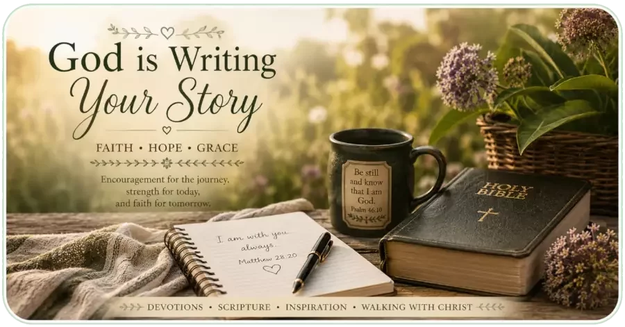 Rustic Christian devotional image with a Bible, journal, flowers, and the words 'God is Writing Your Story' in a peaceful homestead setting.